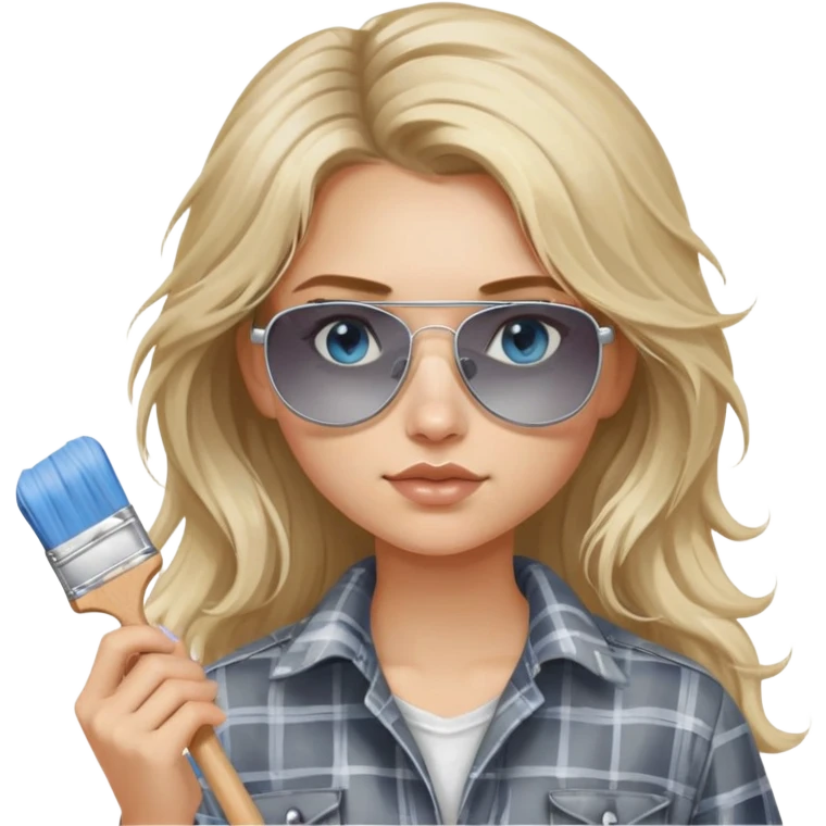 girl with long blond messy hair, wearing grey plaid shirt with blue eyes and aviator sunglasses wearing a ring on her silver necklace, holding a paint brush roller with a small bit of white paint on her face emoji