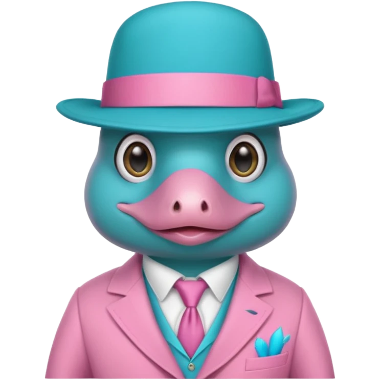 cute light blue turqiouse platypus head with a detective hat and monocle on his eye, no  hands, looks like a platypus but blue, the hat and suit are pink emoji