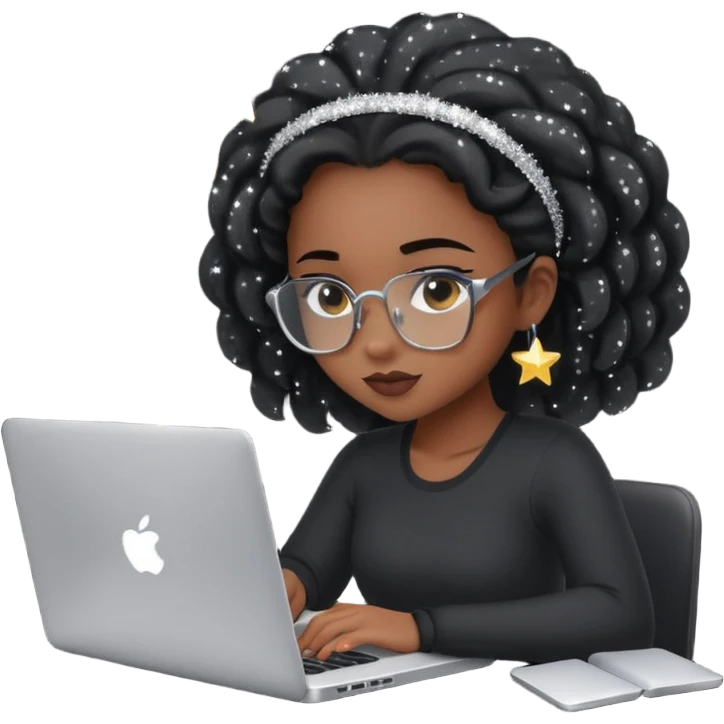 black pretty girl working hard with sparkles on laptop "Working hard ✨" spelled out in photo emoji