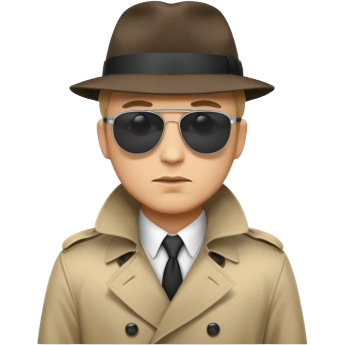 spy wearing sunglasses, a fedora and trench coat.  He is looking menacingly ahead.  emoji