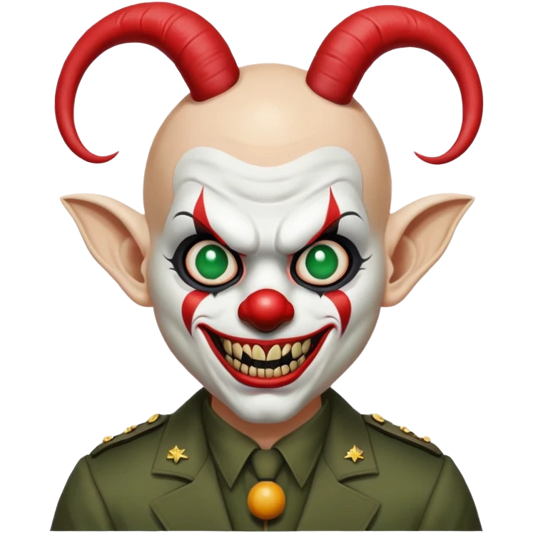 evil clown, bald, short goat horns on forehead, fangs, pointed ears, black and military green leisure suit, battle-ready fighting posture emoji