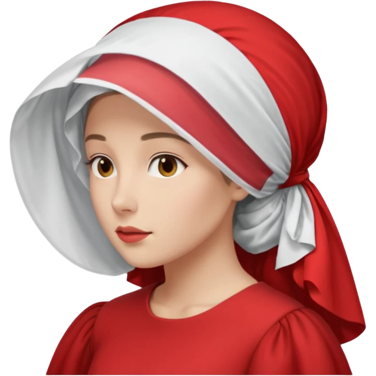 mujer de perfil con un vestido rojo de manga y falsas largas y voluptosas, y una toca blanca GRANDE que no se le ve la cara porque la toca la cubre emoji