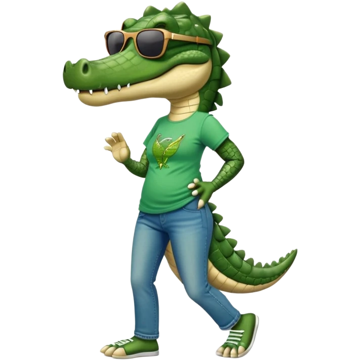anthropomorphised female crocodile in a band t-shirt and jeans with sunglasses walking upright, relaxed pose emoji