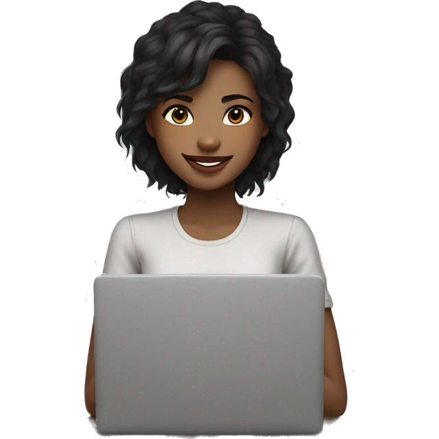 Girl with a wolf cut hair with a laptop smiling black hair white skin tone brown color of eyes tired look but smiling with just lips not curly emoji
