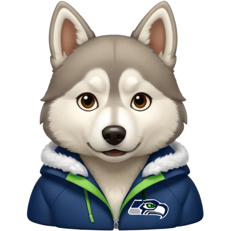 White  brown husky with Seattle Seahawks gear emoji
