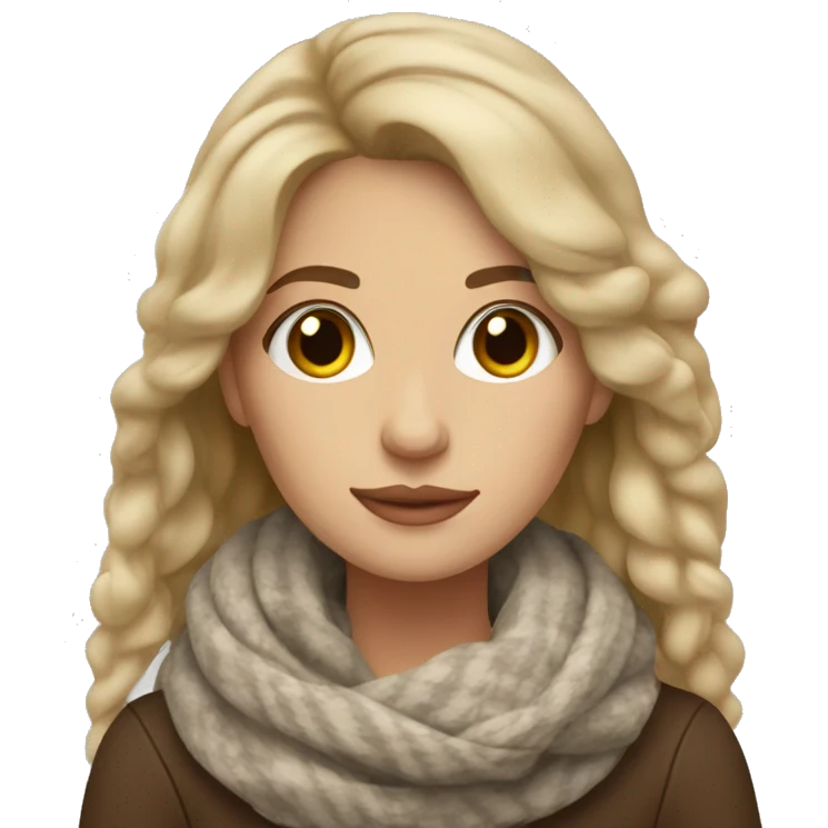 Dark blonde hair woman with brown eyes cozy scarf with coffee emoji
