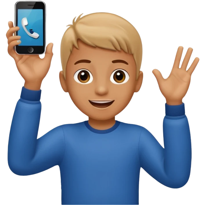 excited child dancing, waving a phone emoji