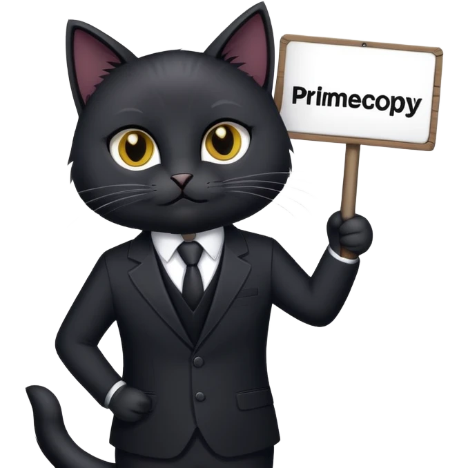 Black Cat in a black business suit holding a sign that says "PrimeCopy" emoji