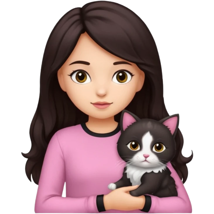 Uma menina com cabelo cacheado longo preto com olhos castanhos pele morena vestindo uma blusa rosa  segurando um gatinho  emoji