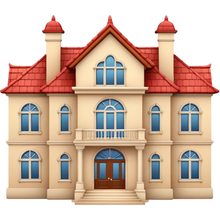 Apple-style 3D emoji of a large traditional mansion, with multiple windows, a big entrance door, red tiled roof, cream-colored walls, decorative balcony details, cartoonish but elegant design, no background. emoji