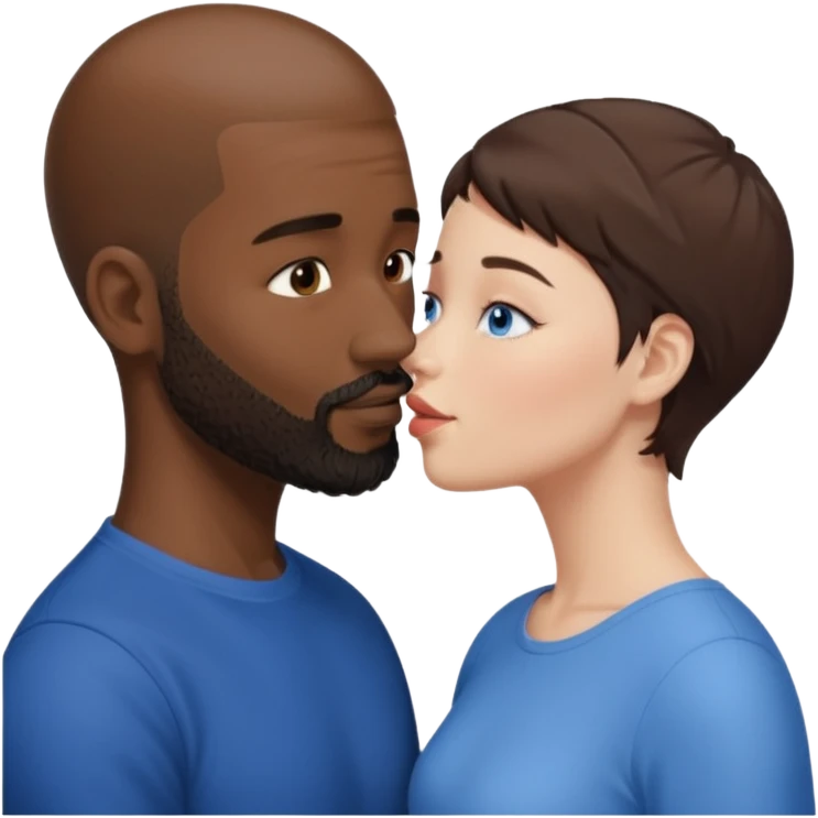 There is a white woman with short brown hair and blue eyes and a black man with no hair and a beard. The woman is giving a kiss to the forehead of the man emoji
