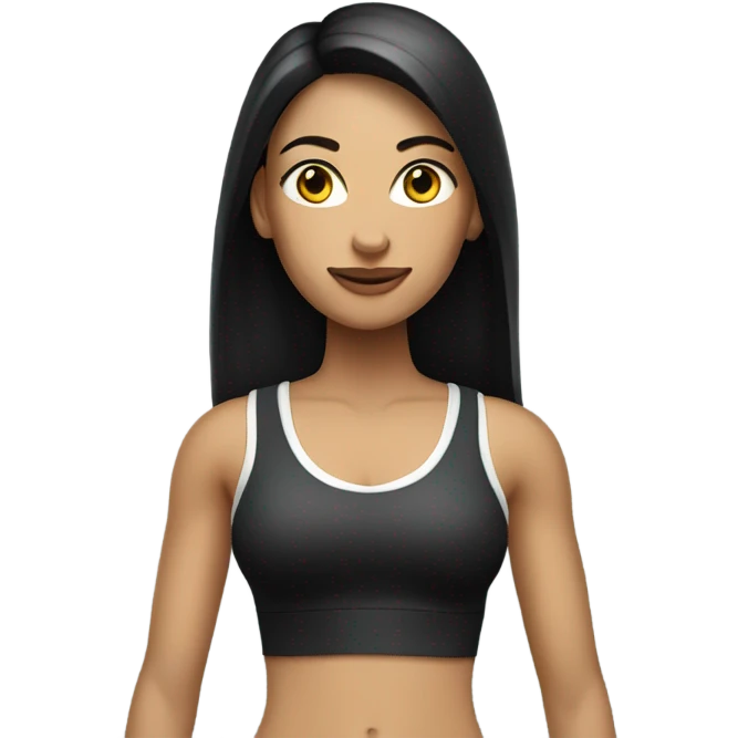 a white color woman with black long straight hair wearing a workout set and having a designer purse on her hand  emoji