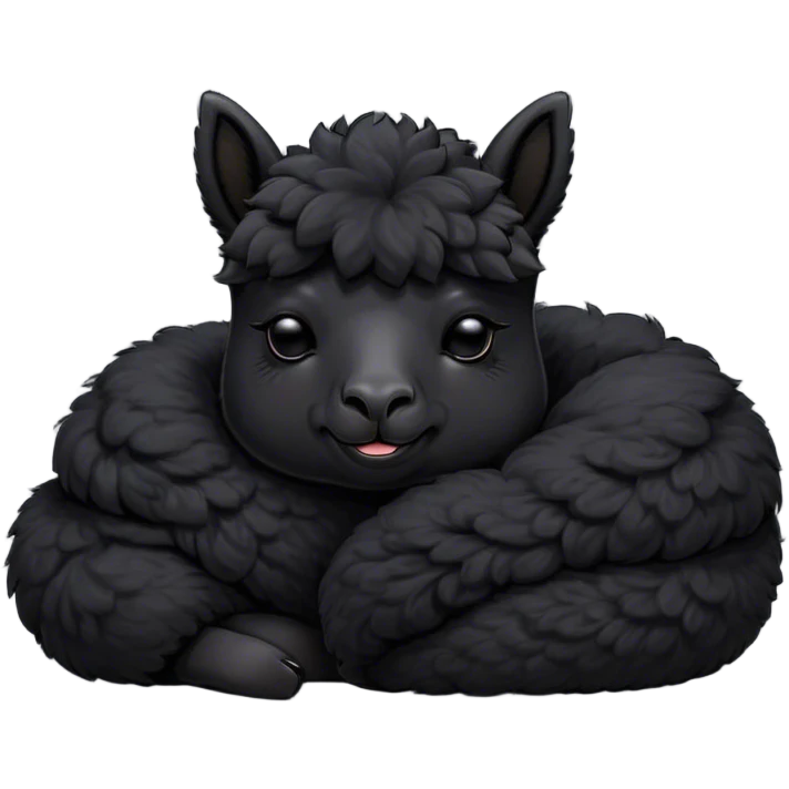 Meme-Worthy Cute Sleeping Black Alpaca Portrait Emoji, Head resting peacefully with a contented smile, showcasing a delightfully sturdy build and a luxuriously soft jet-black fleece, eyes shut in a serene nap, Simplified yet hilariously adorable features, highly detailed, glowing with a soft, drowsy light, high shine, relaxed and utterly lovable, stylized with an air of playful laziness, bright and heartwarming, soft glowing outline, capturing the essence of a comically sleepy alpaca, so meme-worthy it feels like it could instantly become the next viral sensation of adorable slumber! emoji