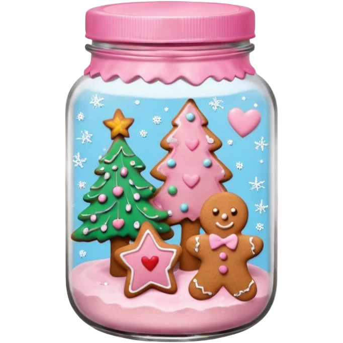 pastel pink christmas cookies in different shapes and one gingerbread man in jar with pink lid  emoji