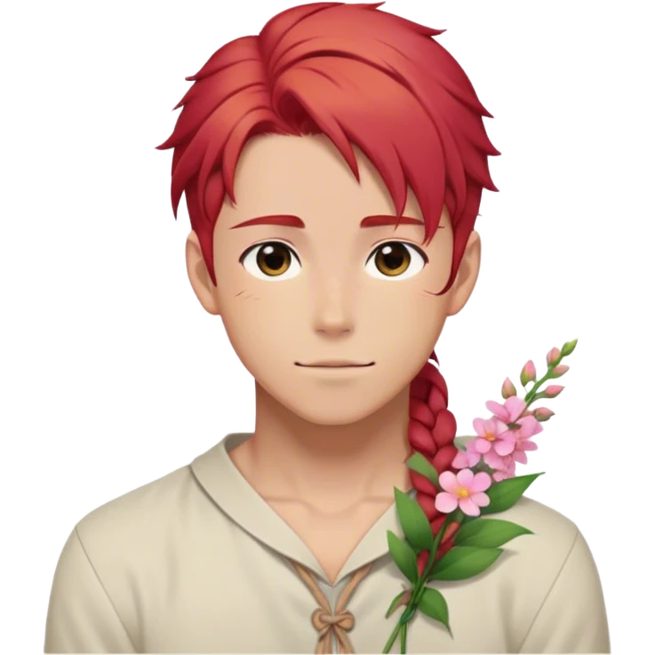 red hair with a thin side braid anime style handsome sexy gojo guy with blushing face and flowers aesthetic trending style outside emoji