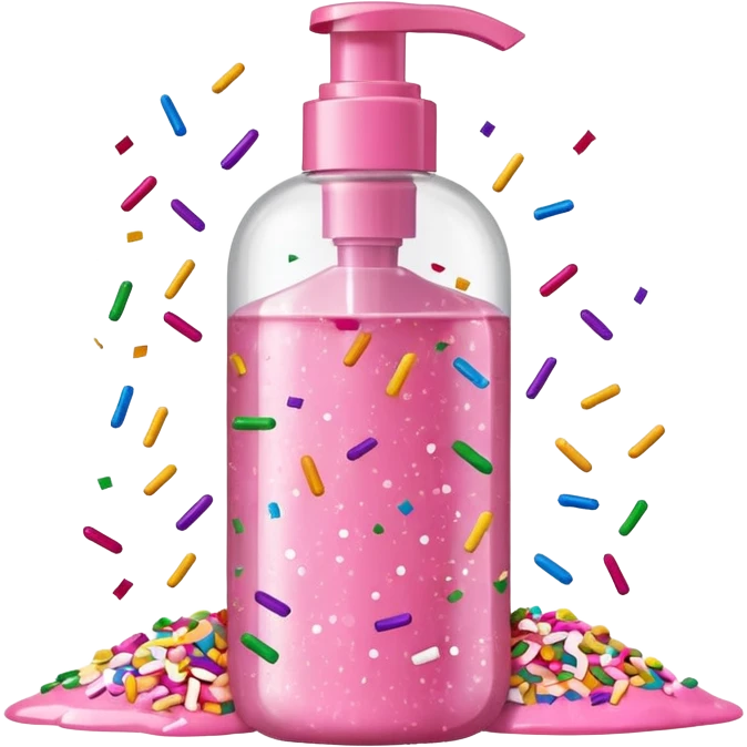 Pink shower gel light pink bottle with sprinkles and confeti on the bottle with a flip cap emoji
