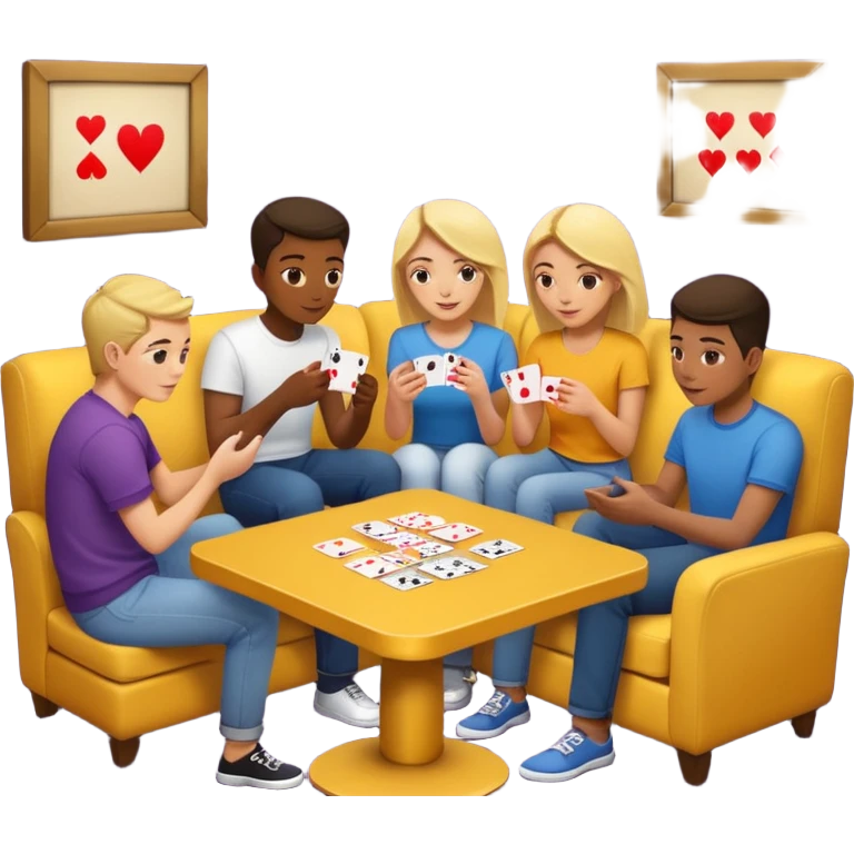 group of friends on couch playing a card game couch should be deep dark yellow color emoji