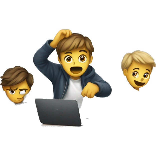 European students sitting at desks. One tries to catch a bag emoji