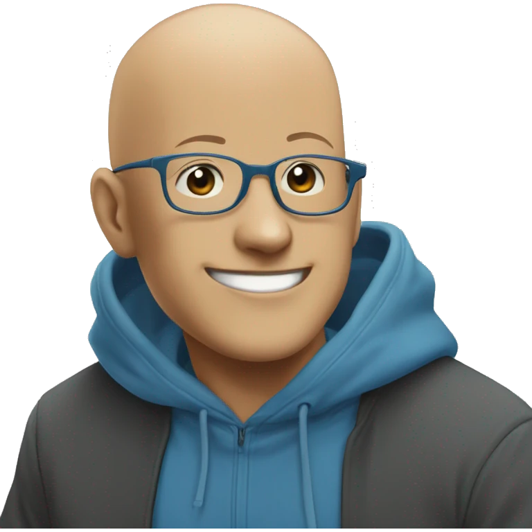bald saitama in his 30s wearing glasses, smiling, in a blue hoodie emoji