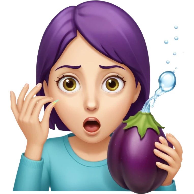 surprised woman with wide eyes, eggplant squirting water as she bites it emoji