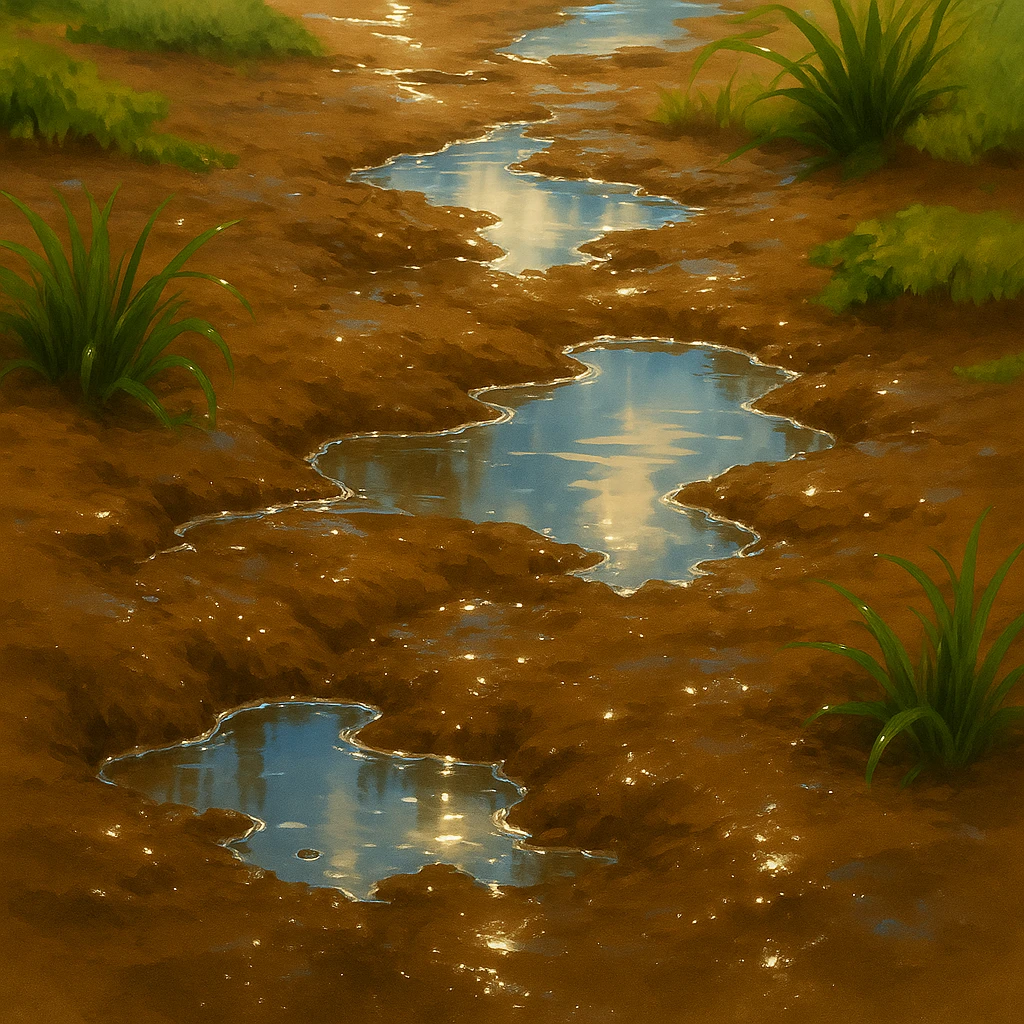 Make the wet soil look even wetter with puddles and shine, keeping the ghibli style and background. emoji