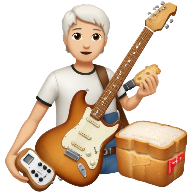 a bottle of salt (salt shaker) and a loaf of  bread with a small SG Gibson electric guitar emoji