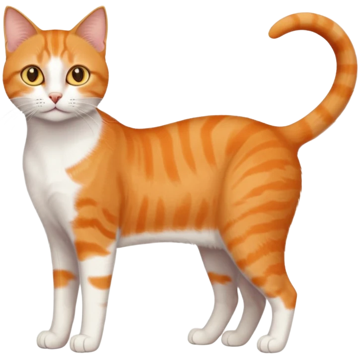 full body realistic orange domestic shorthair slim cat with yellow/orange eyes paw being white and the other being half emoji