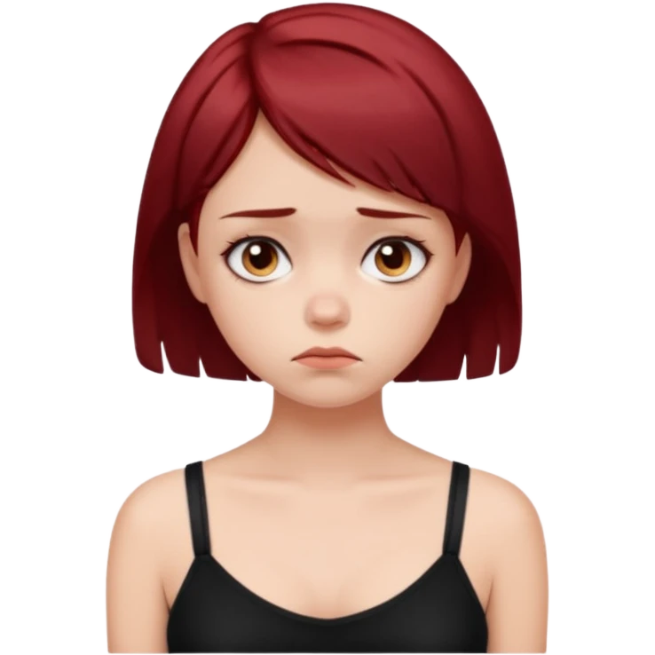 generate a pretty fair bratz girl with short dark red hair looking sad . Wearing a black cami emoji