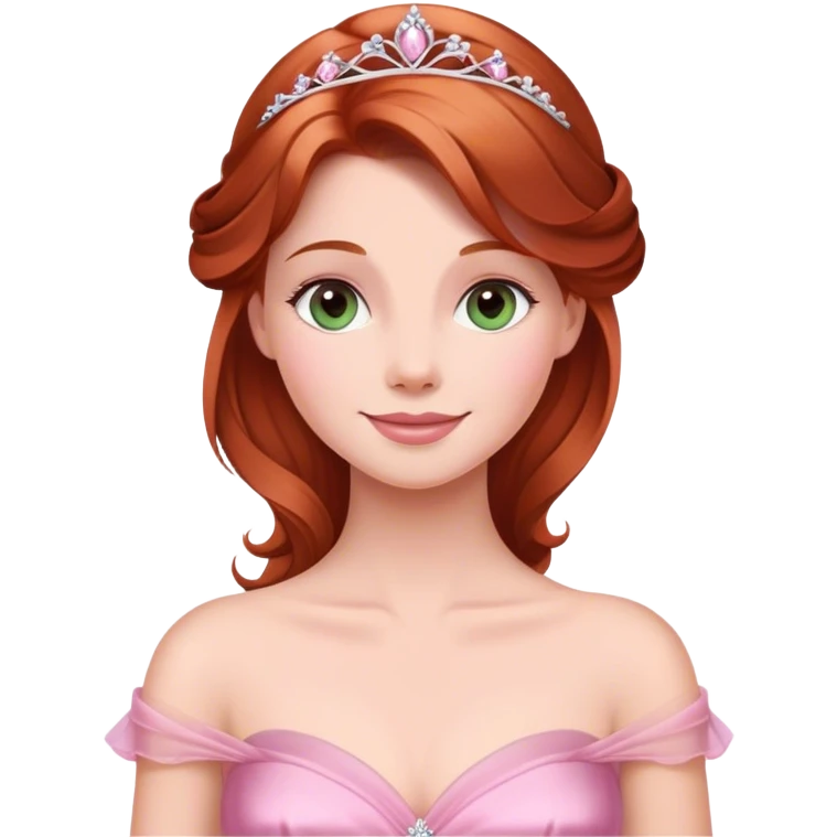 Cinematic Radiant Sleeping Beauty Portrait Emoji, rendered in a realistic, vector style with clean proportions. Show Aurora with a gentle smile, porcelain skin, and beautifully styled auburn hair, wearing her classic pink gown. The image glows with a soft, inviting radiance and high shine, accentuated by a soft glowing outline that enhances her graceful charm. emoji