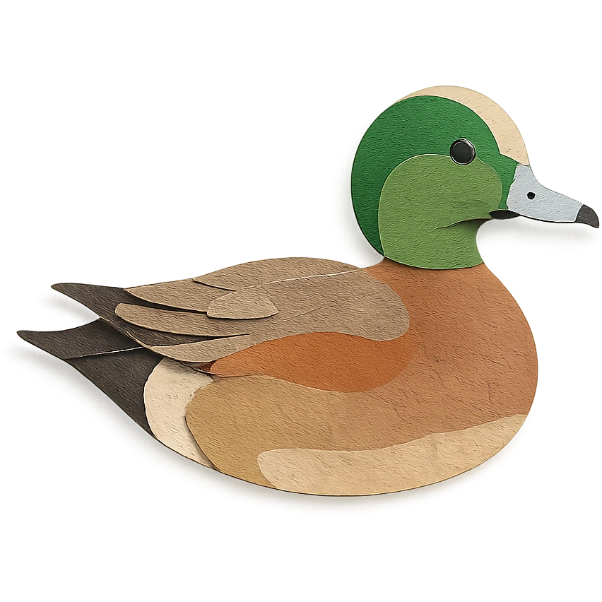 American Wigeon in paper craft style, layered paper details, green head stripe, brown and gray plumage, naturalistic pose, blue bill emoji