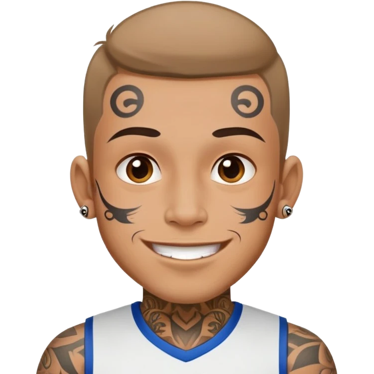 man with small face tattoos, cheerful expression, wearing a jersey emoji