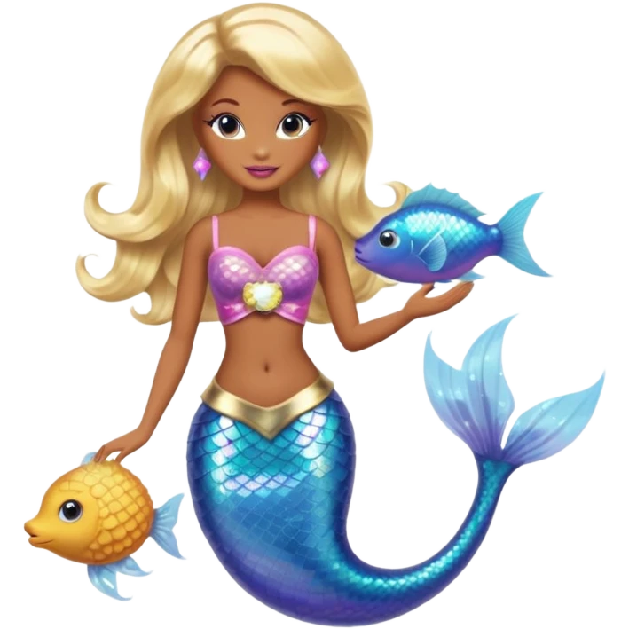 Brown skin blonde hair barbie mermaid with holographic tail  with pufferfish emoji