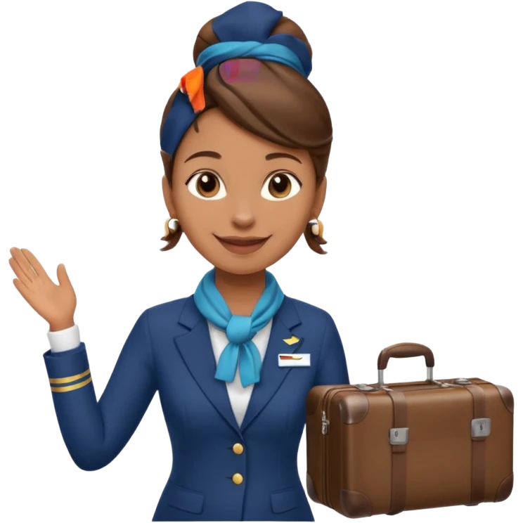 flight attendant, Light Brown skin, brown hair in single bun, neck scarf, suitcase emoji