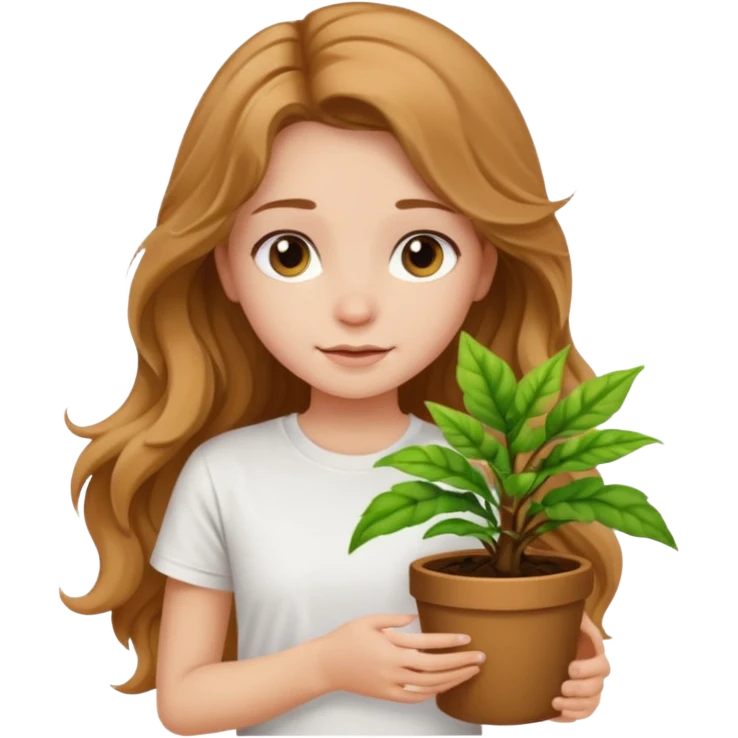 Girl with long light brown very very wavy hair and white t-shirt with plant emoji