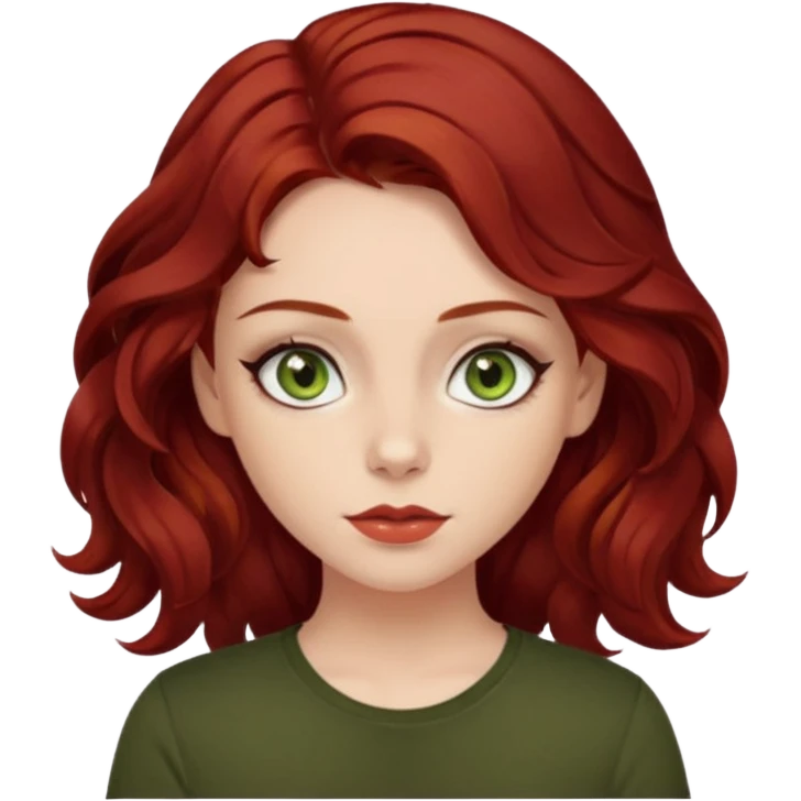 a pretty FAIR bratz girl with wavy dark red hair, wearing a black tee. eyeliner on, olive green eyes.  emoji
