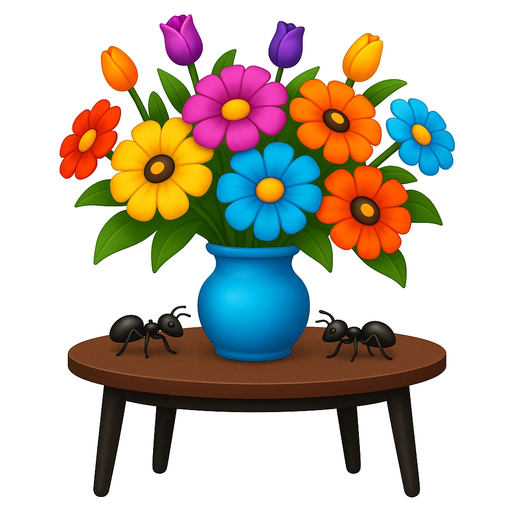 Make the ants appear on the table, not flying, and make the vase narrower, while maintaining the emoji style look. emoji