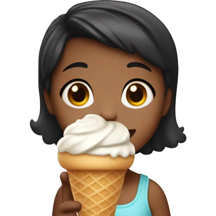 A little girl with black short hair eating ice cream emoji