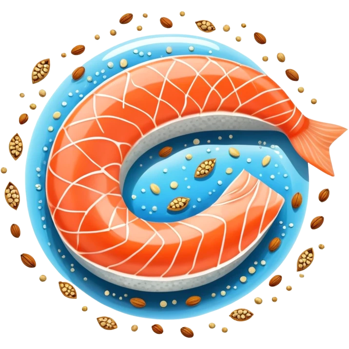 Floating arrangement of omega-3 rich foods: fresh salmon fillets, walnuts, flaxseeds, chia seeds and omega-3 capsules, all emitting a soft golden glow. The foods orbit around a central shimmering omega symbol, with gentle flowing energy connecting them. emoji