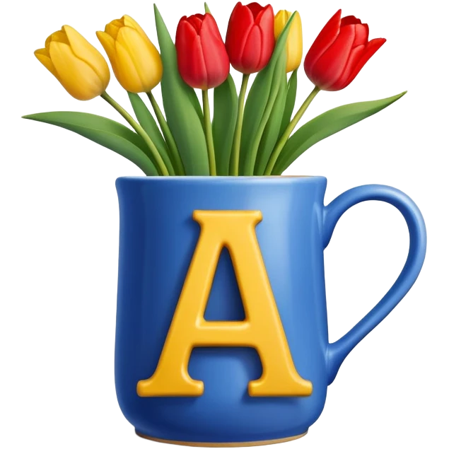 Blue mug with letter A and tulips laying in front  emoji