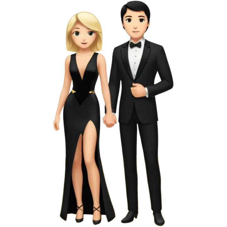 Blonde woman, black, Long, tight, sleveless Dress, Slot left Leg, man, black Hair, in Dinner jacket, Background ballroom emoji