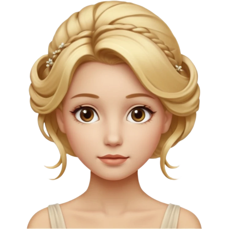 Cinematic Realistic Rococo Portrait, depicted with lifelike skin texture, subtle rosy undertones, and soft natural lighting that enhances the gentle contours of her face. Her intricately detailed golden blonde hair is elegantly styled in an updo, with delicate wisps framing her face.  emoji