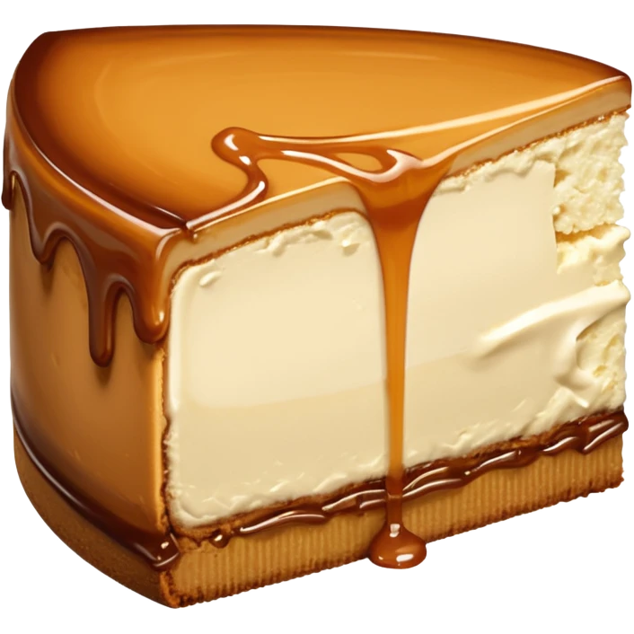 a slice of cheesecake. The base is made of light brown biscuit; the first layer of filling is caramelized dulce de leche, and the upper layer is creamy, light beige, and has a smooth texture. On top, there is a caramelized dulce de leche topping dripping down the center of the slice emoji