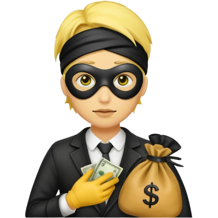 yellow skin robber wears black eye mask and carrying money bag emoji