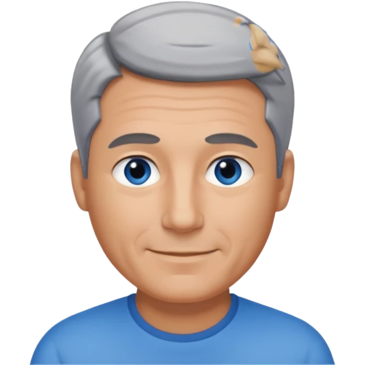 Middle aged man with tanned skin, little black to grey hair and no beard, blue eyes, shy smile emoji
