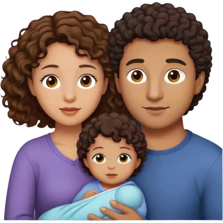 Family of 3 one parent male with light brown skin and brown eyes and black shorten hair other parent with fair skin Hazel eyes and long brown curly hair and the baby with light brown skin and hazel eyes  emoji