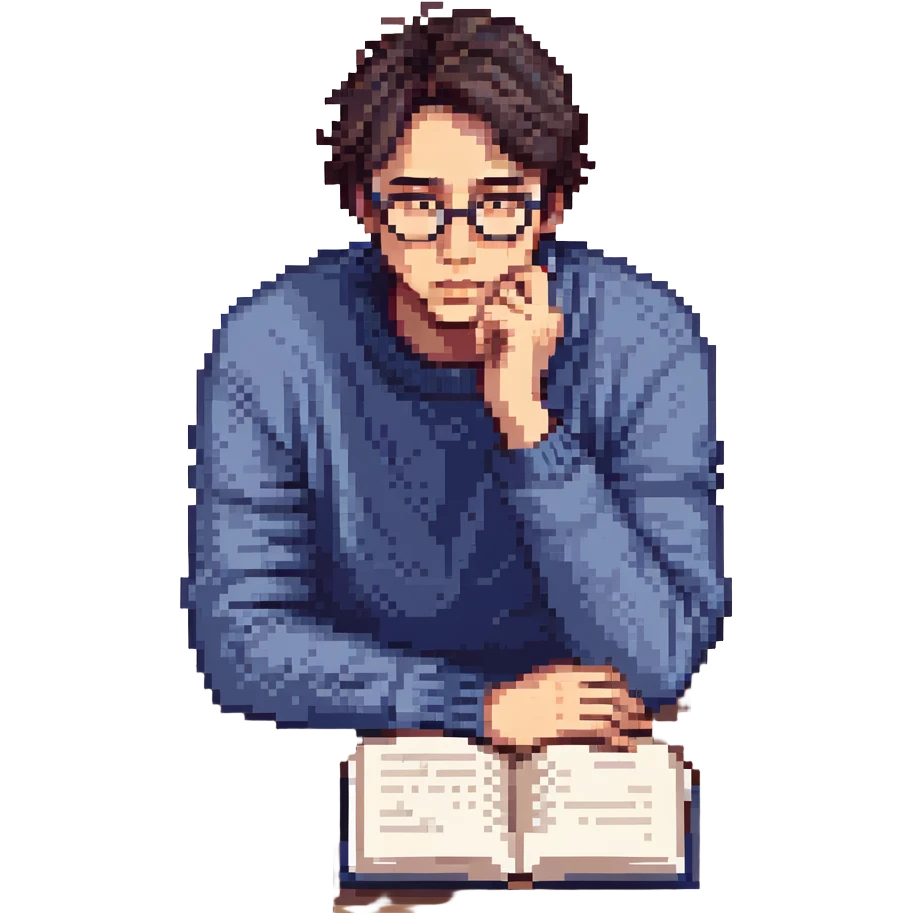 Flat pixel are, calm and curious male thinker, light skin, short tousled dark hair, round glasses, focused expression, wearing an indigo sweater, seated at a desk with open books, one hand resting under his chin in thought, waist-up, front-facing emoji