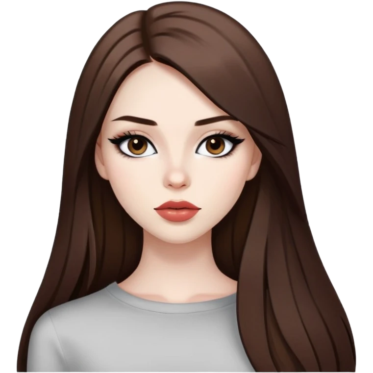 pretty baddie model, brown straight hair, cute lips, pale skin, long hair, dark brown eyes, bold black eyeliner emoji
