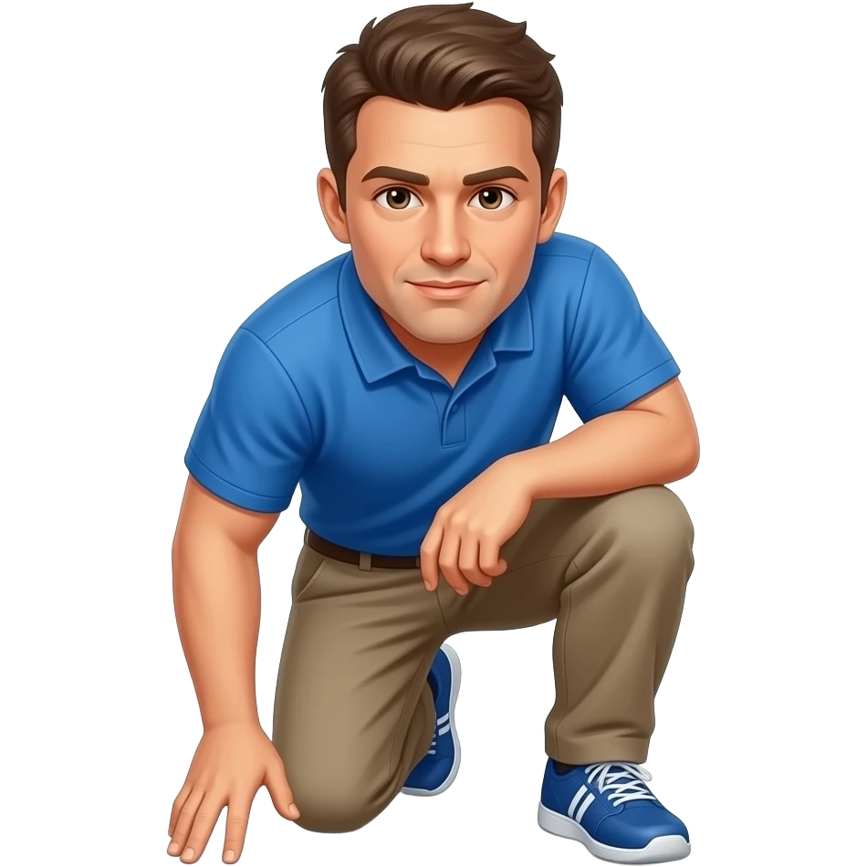 coach in a blue shirt grabs down to his knee emoji