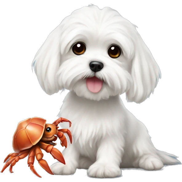 Adorable white Maltese posing with hermit crab emoji