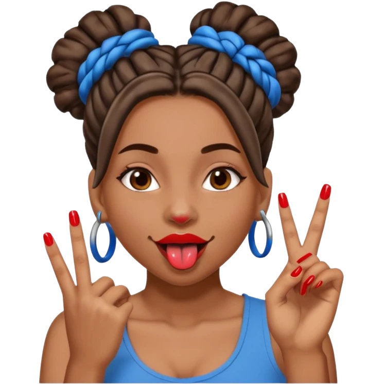 brown girl with blue locs in a bun with tongue out and red nails showing secomdnd finger emoji
